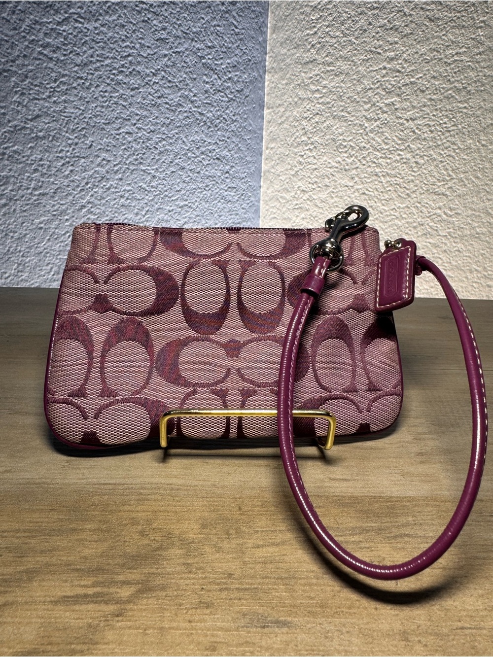 Coach Signature Purple Jacquard Wristlet Mini Clutch Purse EUC